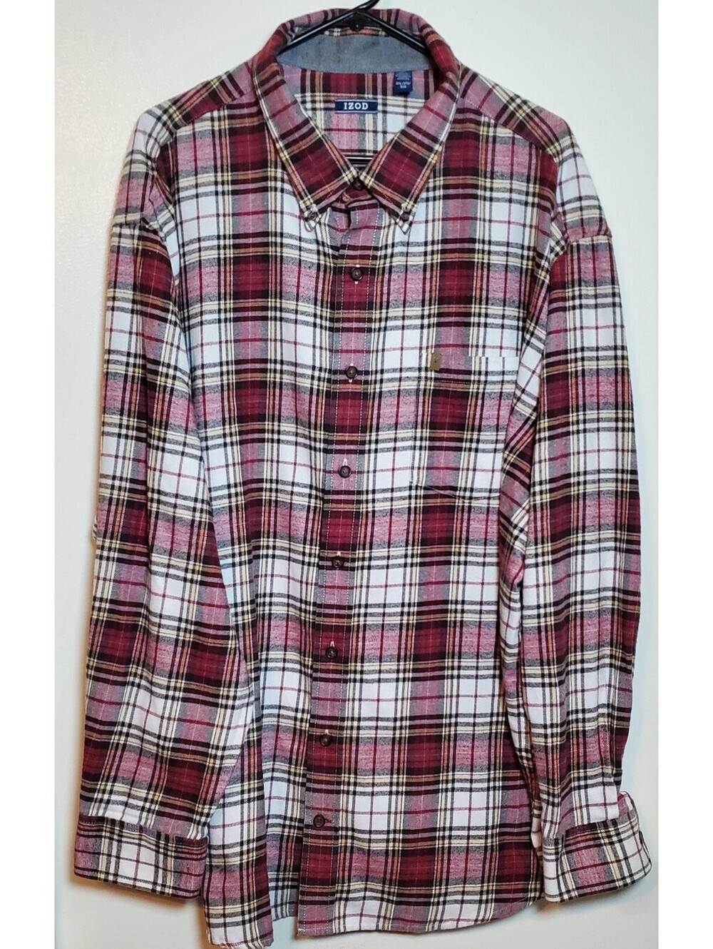 IZOD Men’s 3XL Flannel Shirt Burgundy Red White Plaid Button Down EUC Western